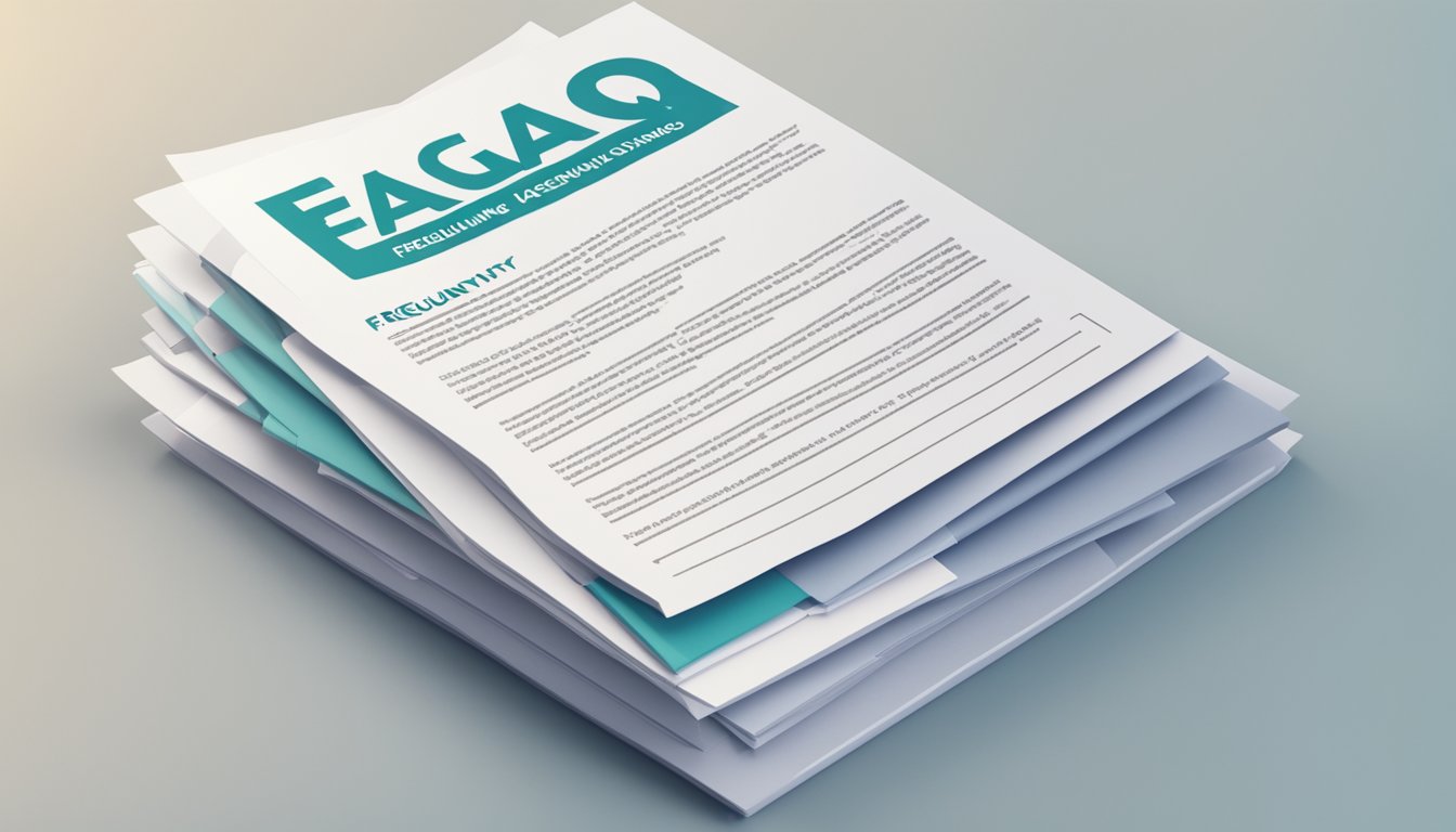 A stack of FAQ papers with "Frequently Asked Questions 56 Bedeutung" printed in bold on top