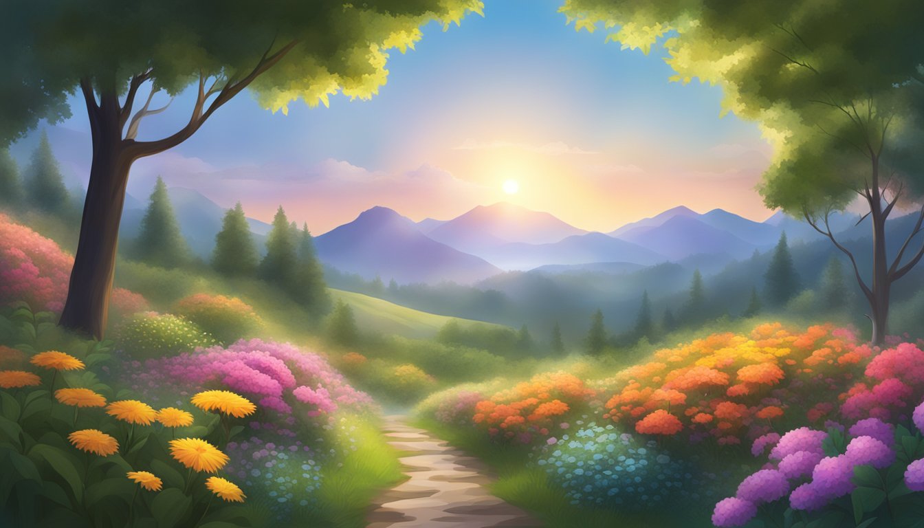 A serene landscape with a glowing sun and a misty mountain in the background, surrounded by lush greenery and colorful flowers