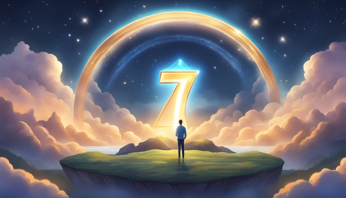 A glowing number 713 hovers above a serene landscape, surrounded by celestial beings and emanating a sense of divine guidance