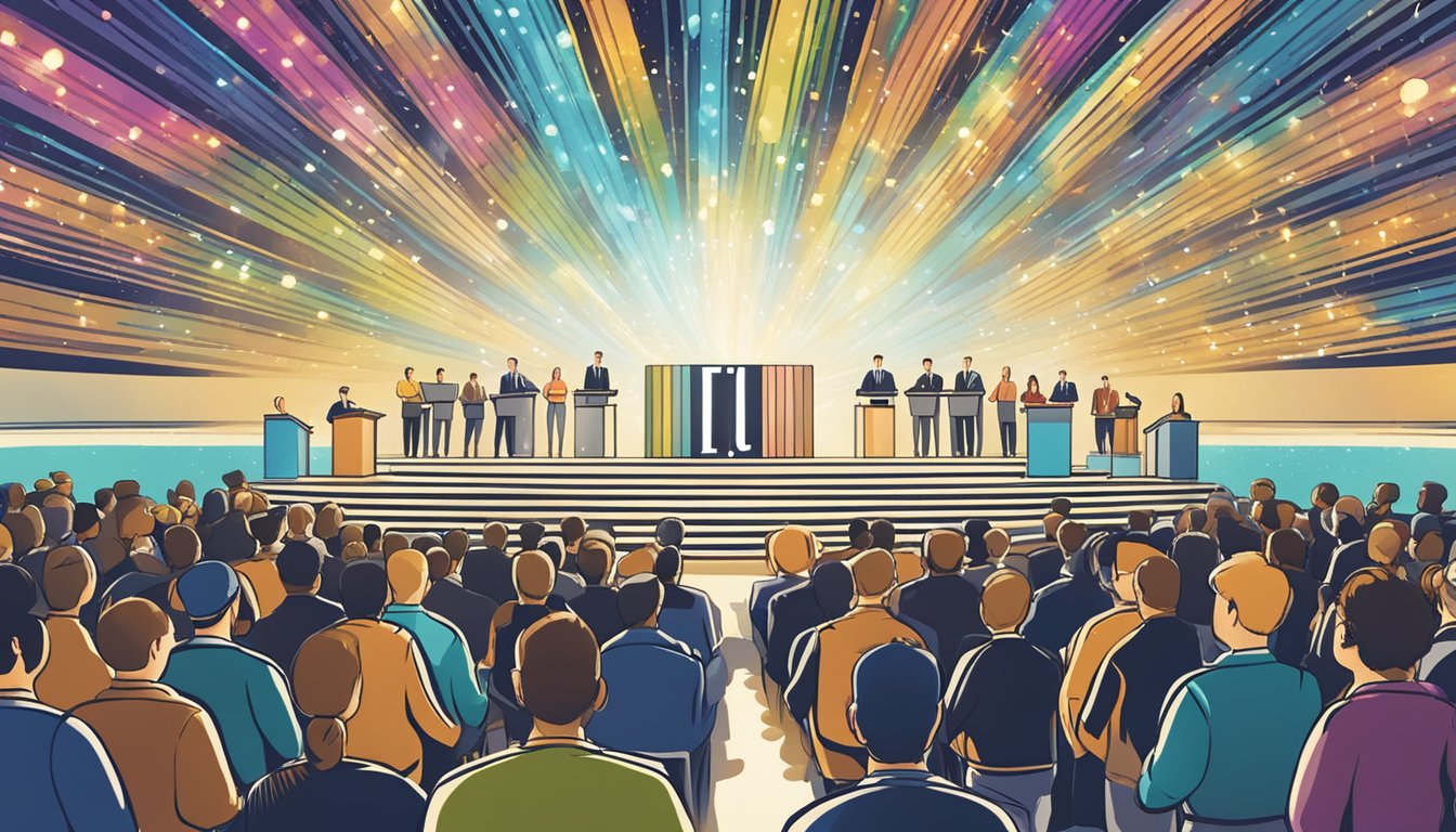 A podium stands in a spotlight, surrounded by a sea of applauding hands.</p><p>The word "Erfolg" is illuminated in bold letters above