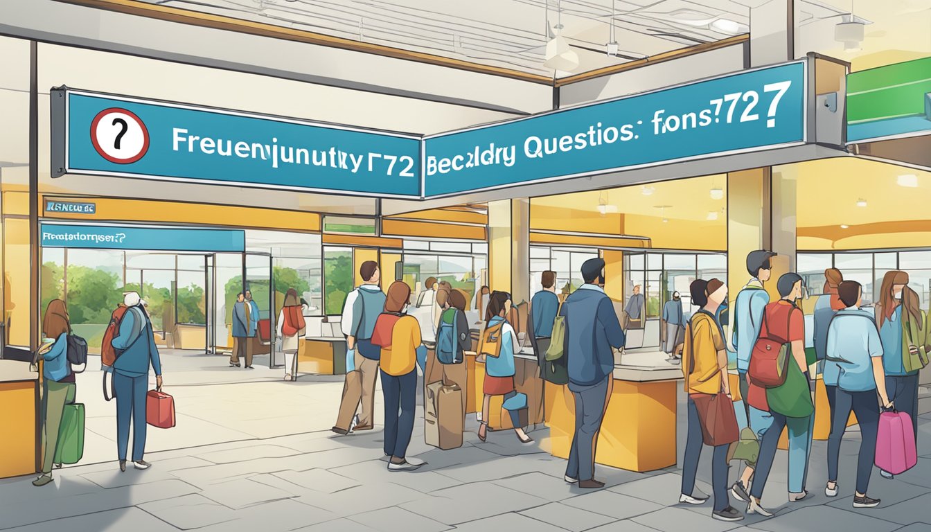 A sign with "Frequently Asked Questions 723 Bedeutung" displayed prominently in a busy public area