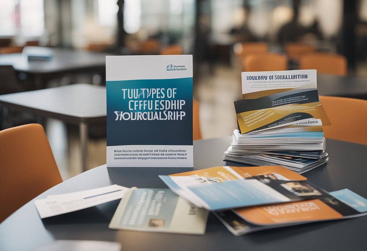 A table covered in pamphlets and brochures, with a sign displaying "Types of Scholarships Offered" at the University of Maryland Global Campus