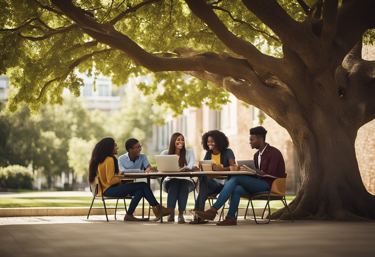 A group of diverse students studying together under a tree, with laptops and books, representing the diverse eligibility criteria for UMGC scholarships