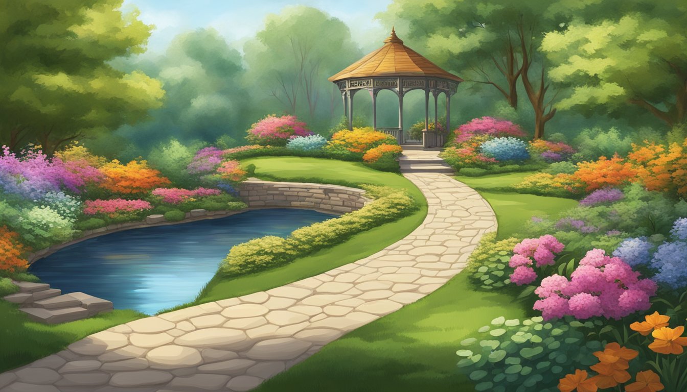 A serene garden with a winding path leading to a tranquil pond, surrounded by vibrant flowers and lush greenery