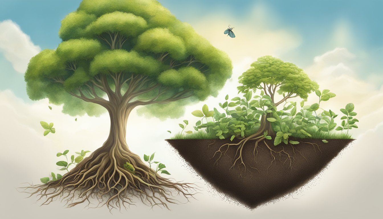 A tree growing from a small seed, reaching towards the sky, with its roots interconnected with other plants and organisms in the soil