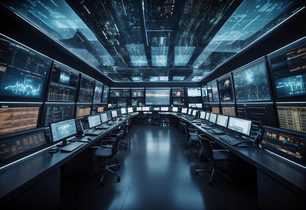 A futuristic trading floor with data streams merging into a central hub, surrounded by screens displaying real-time analytics and risk management metrics