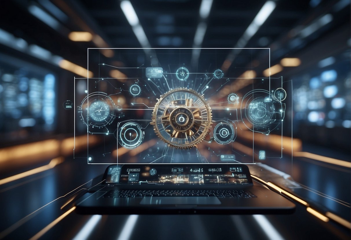 A network of interconnected gears and machinery, with data flowing through digital screens, symbolizing the automation and efficiency of predictive analytics in post-trade risk management