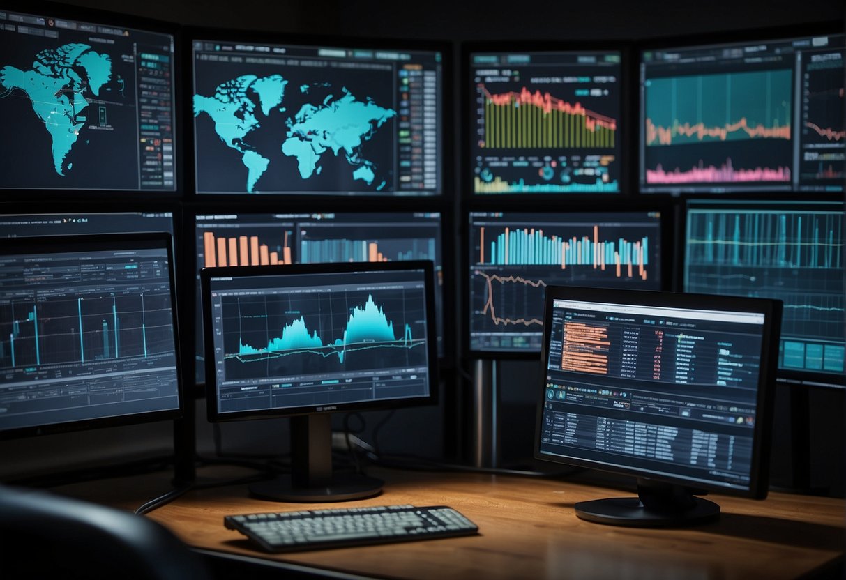 A computer screen displays real-time data charts and graphs. A predictive analytics software program processes information, redefining risk management strategies in post-trade