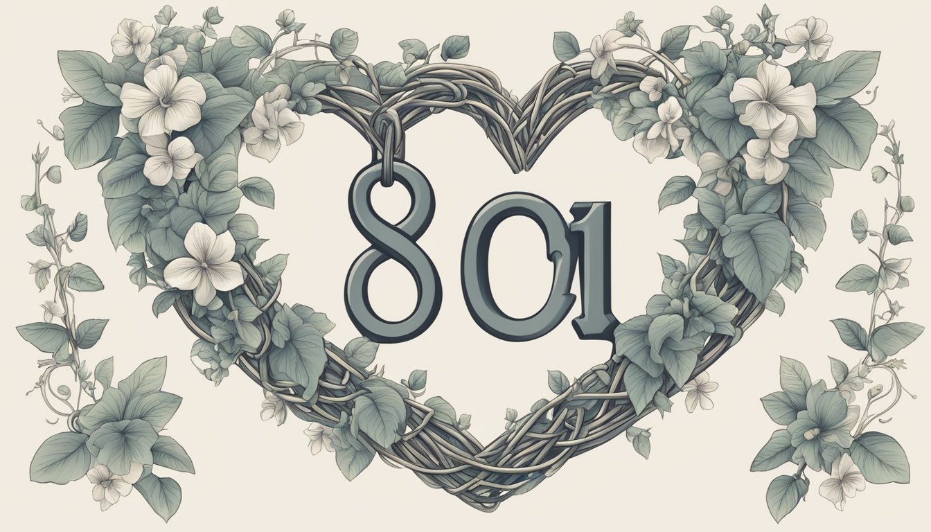 A heart-shaped lock with the number 910 engraved on it, surrounded by intertwined vines and flowers, symbolizing love and relationships
