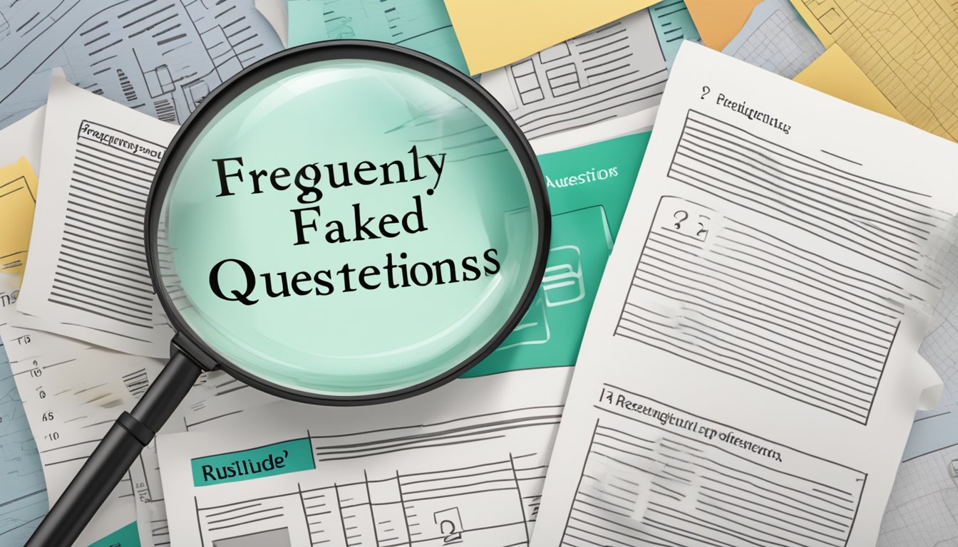 A stack of papers with "Frequently Asked Questions 910 Bedeutung" printed on top, surrounded by question marks and a magnifying glass