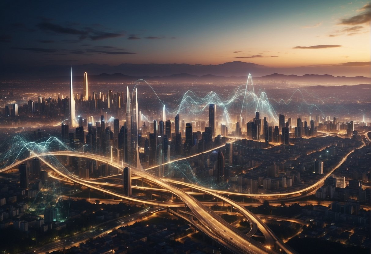 A futuristic city skyline with data streams intertwining, representing the redefinition of risk management through predictive analytics in post-trade