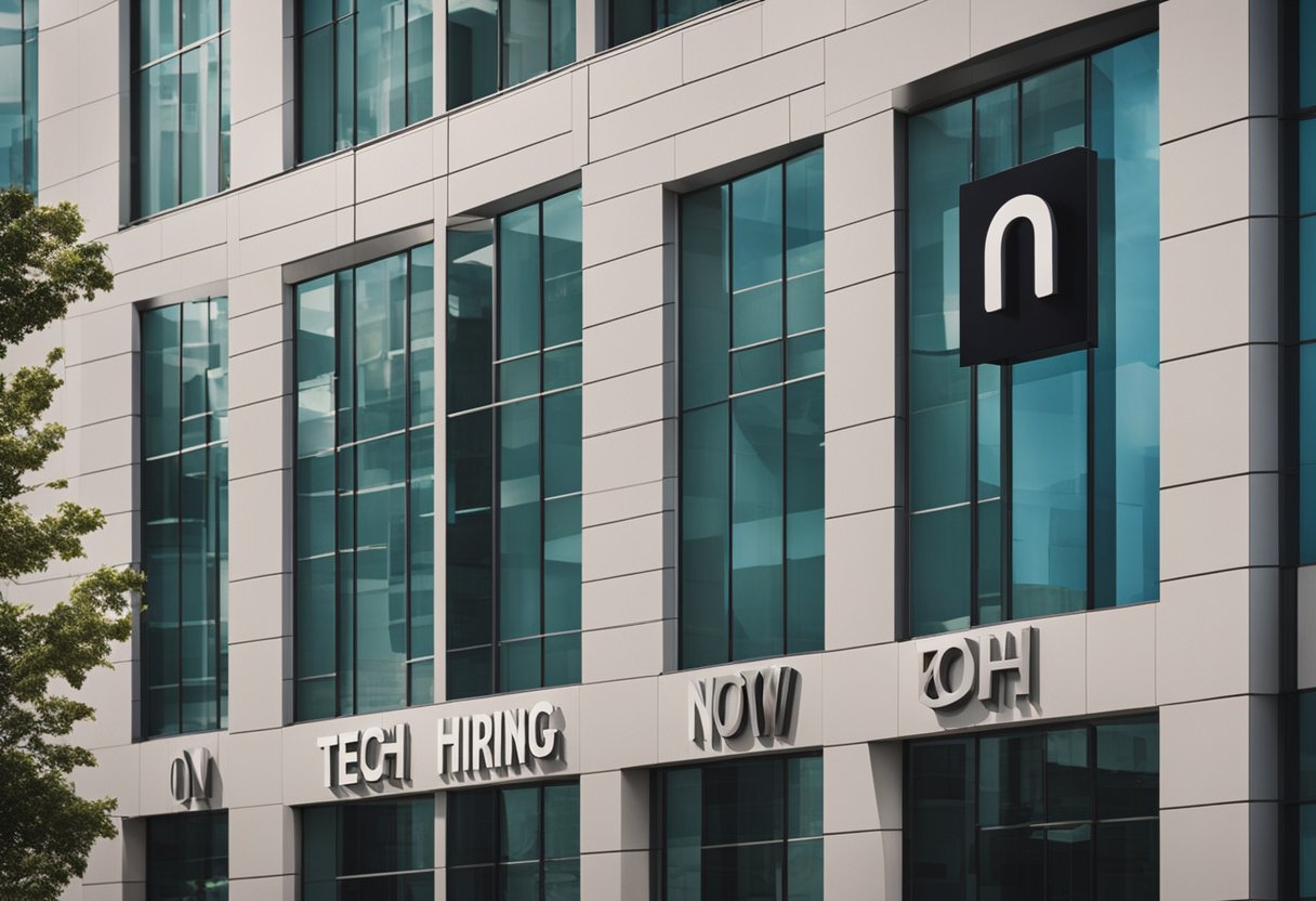 Tech logos displayed on office buildings, with "Now Hiring" signs. Busy professionals entering and exiting the buildings