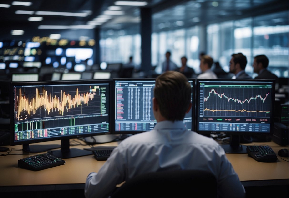 A bustling trading floor with data streams displayed on screens, analysts using predictive models to manage risk in post-trade capital markets