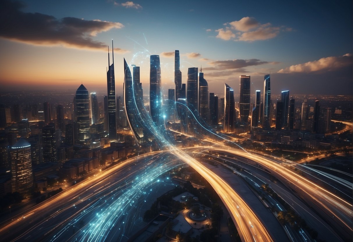 A futuristic city skyline with data streams merging into a risk management system, symbolizing the impact of predictive analytics in post-trade