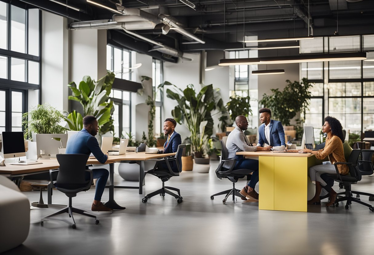 A diverse group of employees collaborating in a modern office space, with vibrant decor and open work areas. The atmosphere is innovative and inclusive, reflecting the culture and values of the tech industry