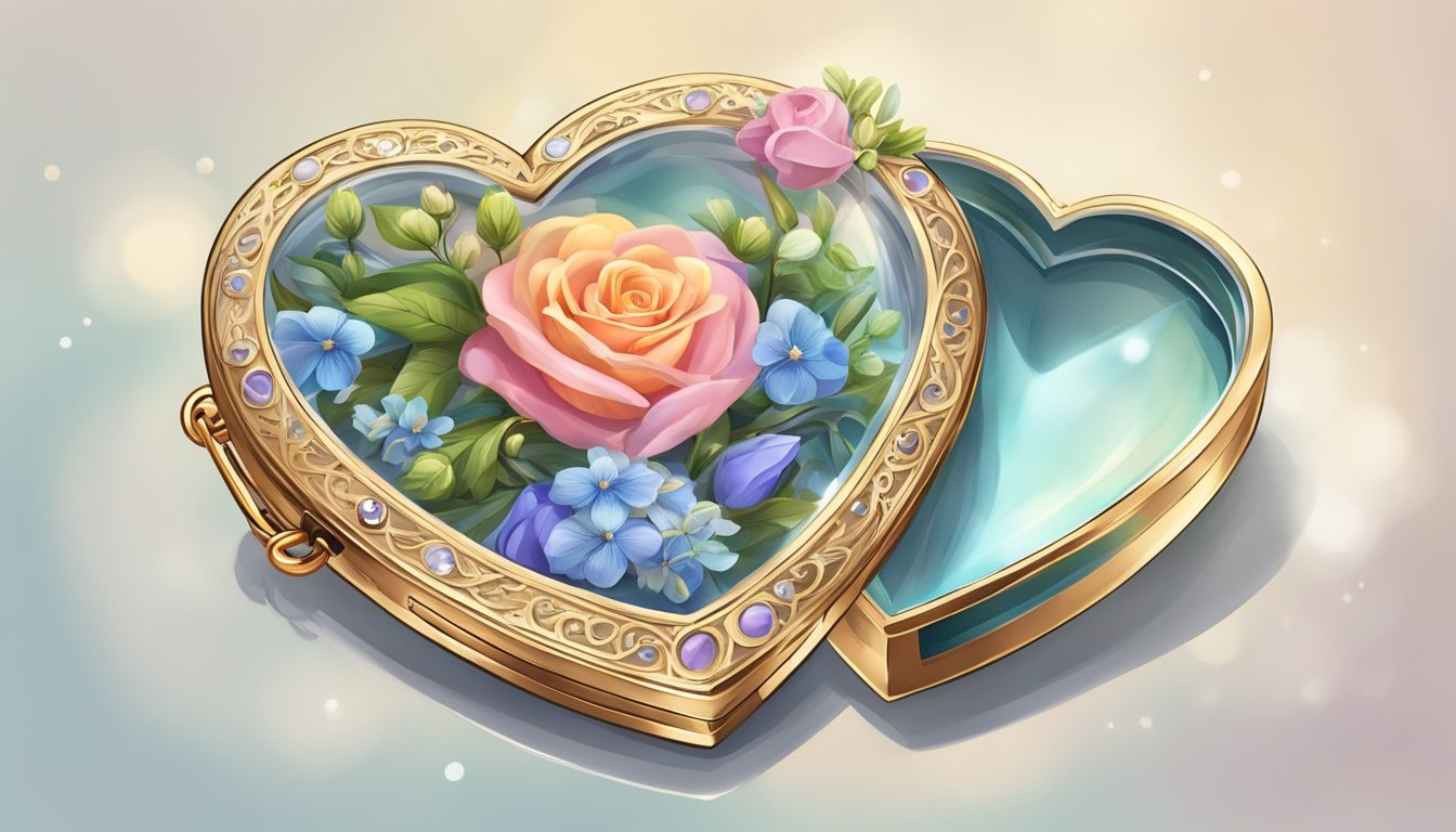 A heart-shaped locket opens, revealing a photo inside.</p><p>Surrounding it are symbols of love and relationships, such as intertwined rings and a bouquet of flowers
