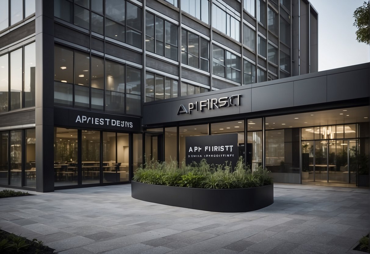 A modern office building with sleek architecture and a prominent sign reading "API-First Design Philosophy." The surrounding area is bustling with activity, showcasing the integration of API-First strategy in post-trade systems