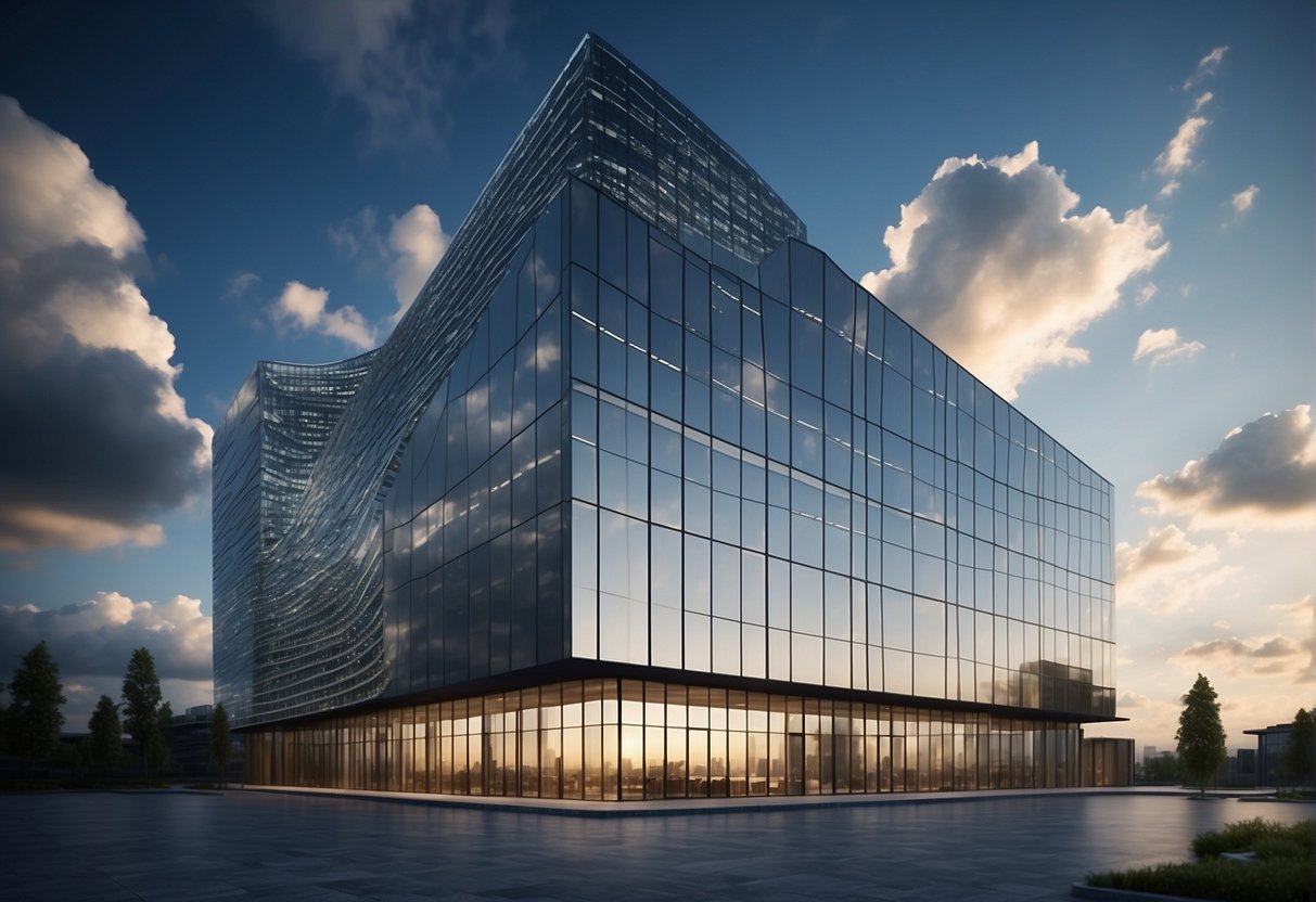 A modern office building with a sleek, futuristic design. A network of interconnected clouds hovers above, symbolizing the integration of cloud computing in post-trade systems