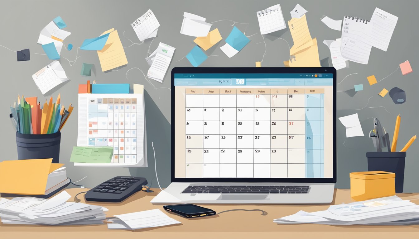 A cluttered desk with scattered papers and a ringing phone.</p><p>A calendar with dates circled and a to-do list pinned to the wall