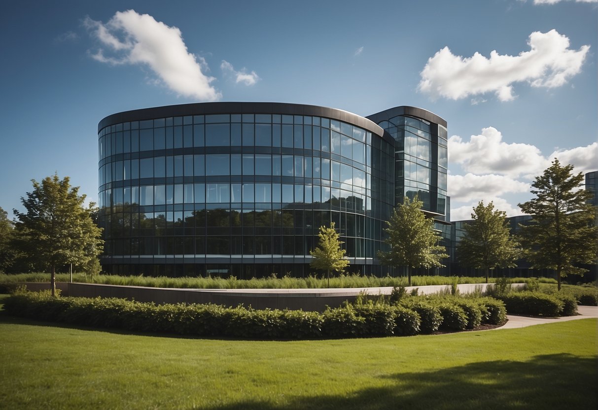 A modern office building with a sleek, futuristic design, featuring a prominent sign reading "Data Strategy and Management Building." The building is surrounded by greenery and has a clear focus on API-first strategy for post-trade systems