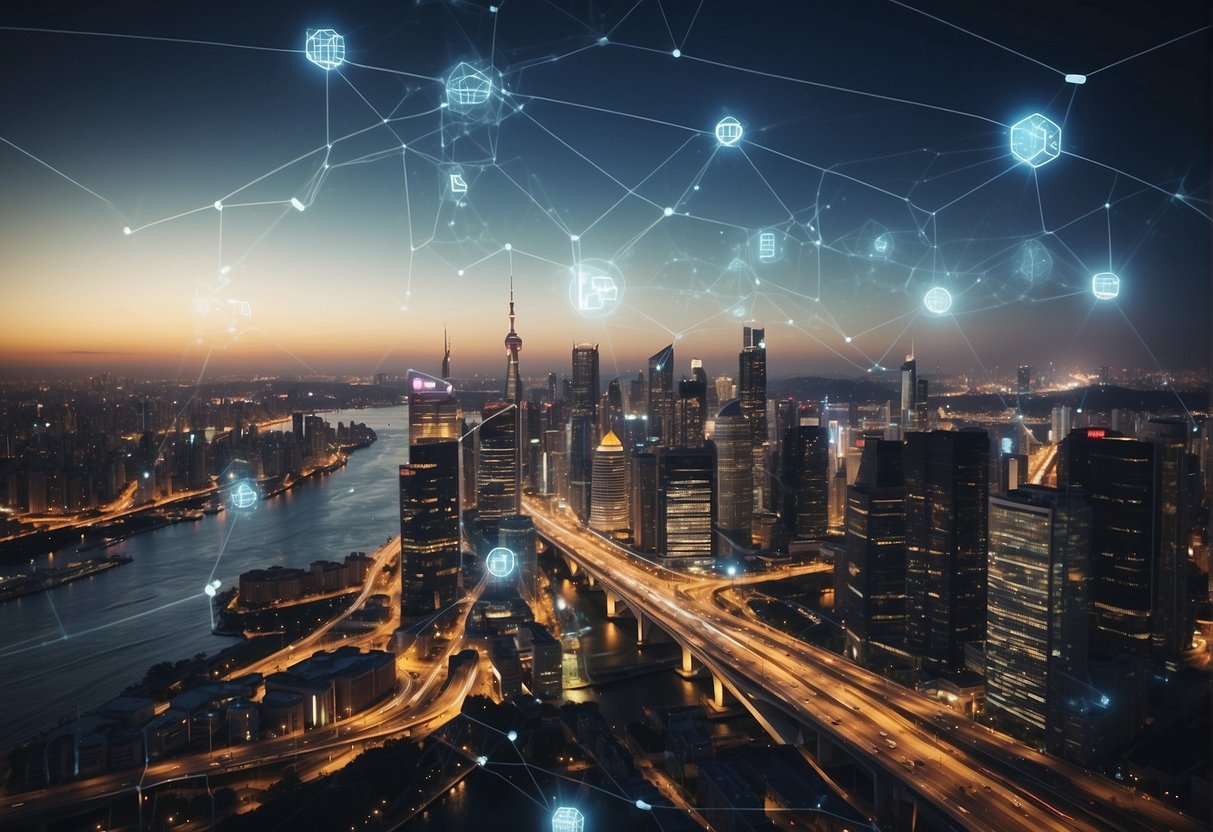 A bustling city skyline with interconnected digital networks and financial symbols, showcasing the integration of post-trade systems with an API-first strategy in the global fintech landscape