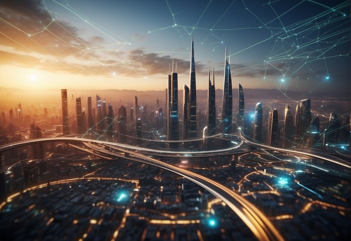 A futuristic city skyline with interconnected data streams and AI algorithms processing trades, all centered around a prominent API gateway