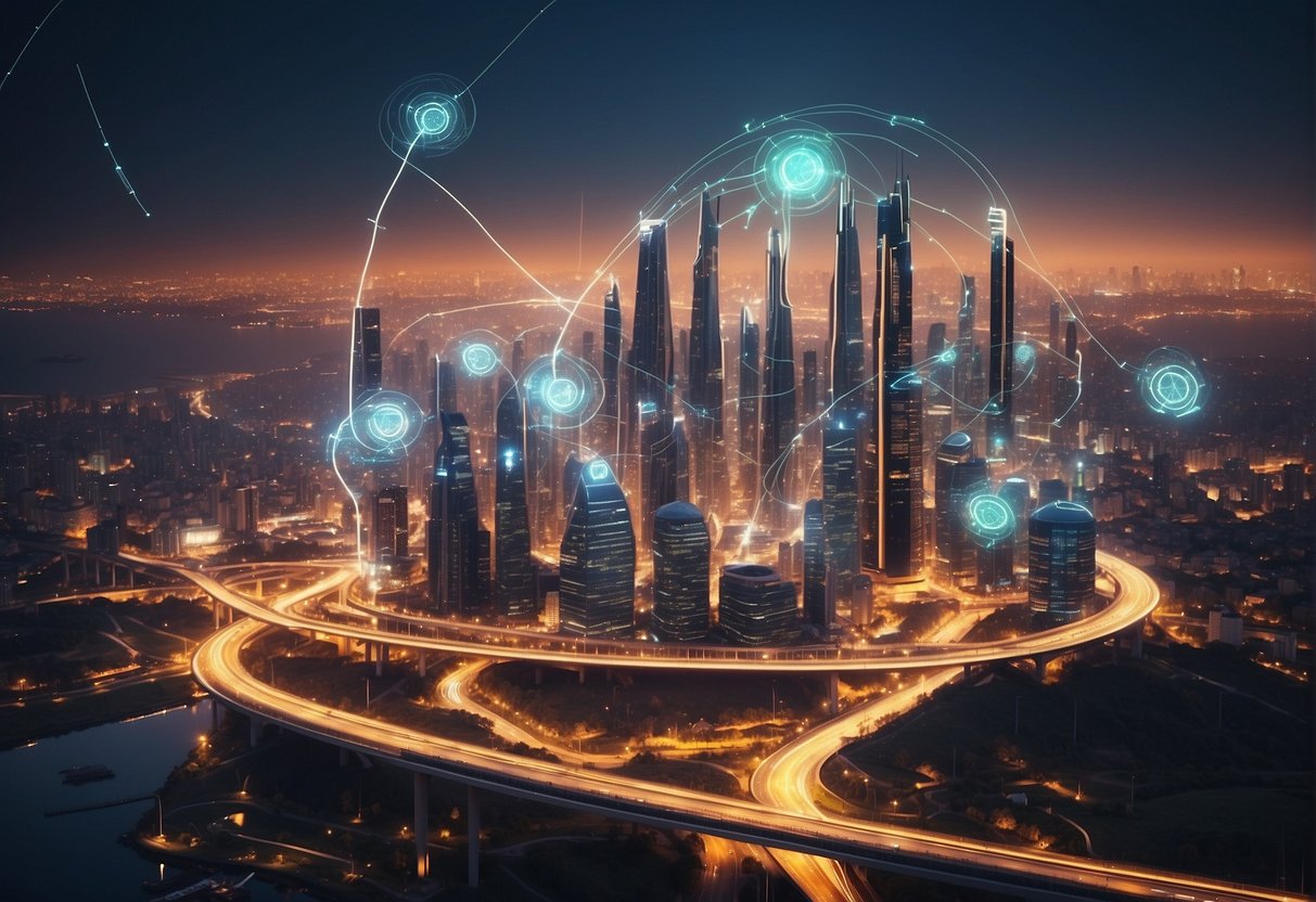 A futuristic cityscape with interconnected buildings and glowing data streams, showcasing the integration of fintech and API-first post-trade systems