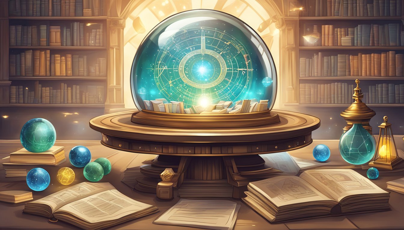 A table with numerological and scientific symbols, surrounded by books and a glowing crystal ball