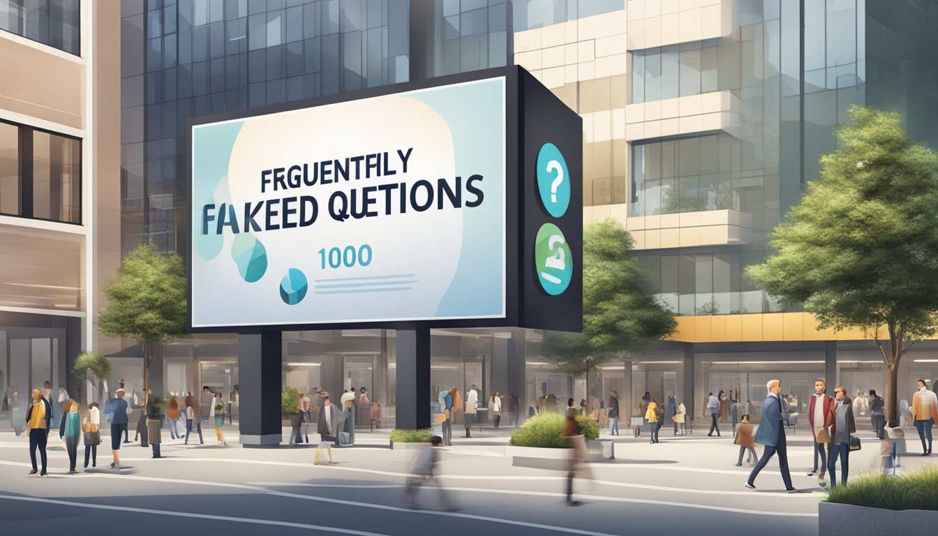 A large sign with "Frequently Asked Questions 1200 Bedeutung" displayed prominently in a busy public space