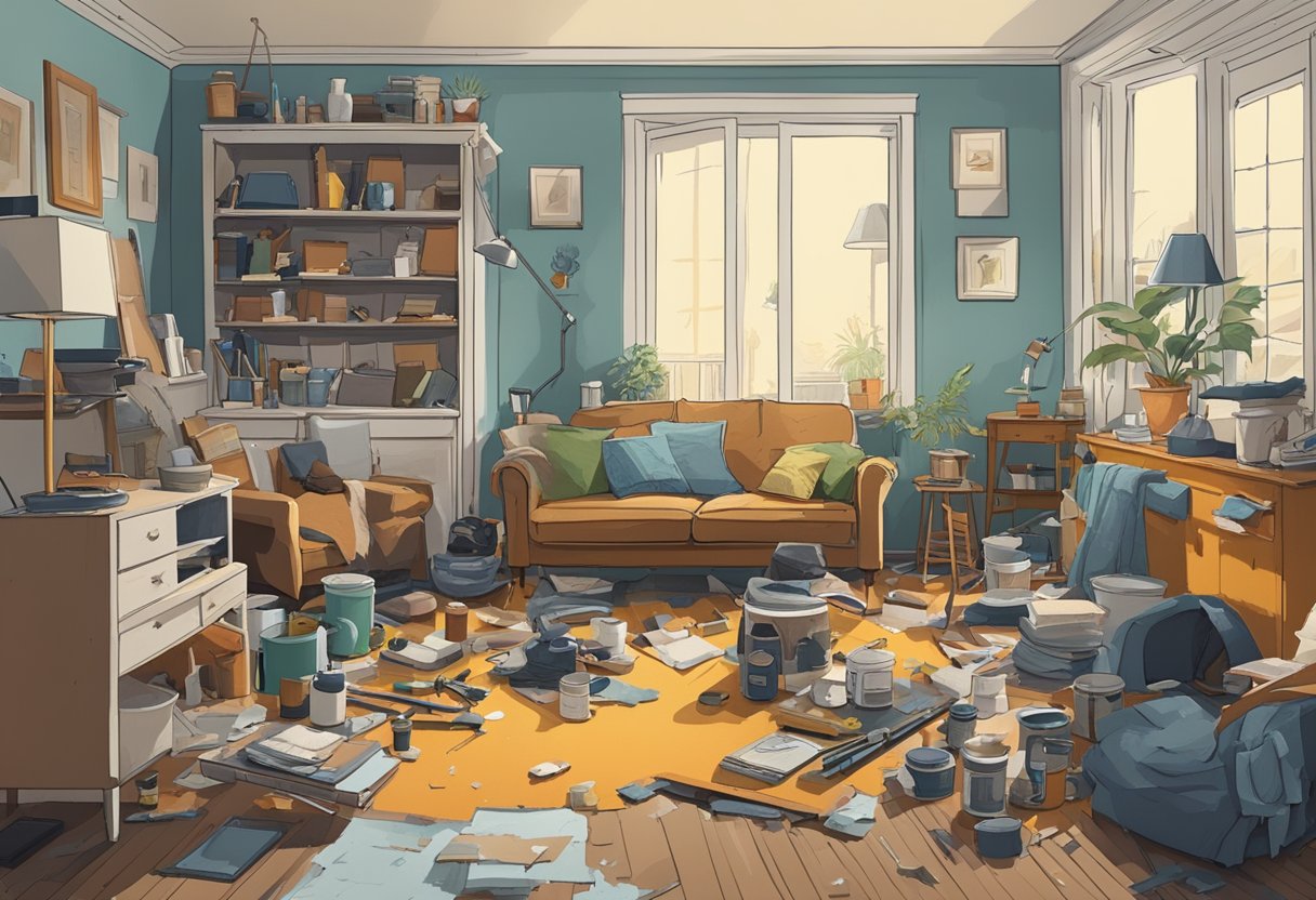 A cluttered living room with peeling paint and outdated furniture. Tools and paint cans are scattered about as a person measures and plans for repairs and improvements