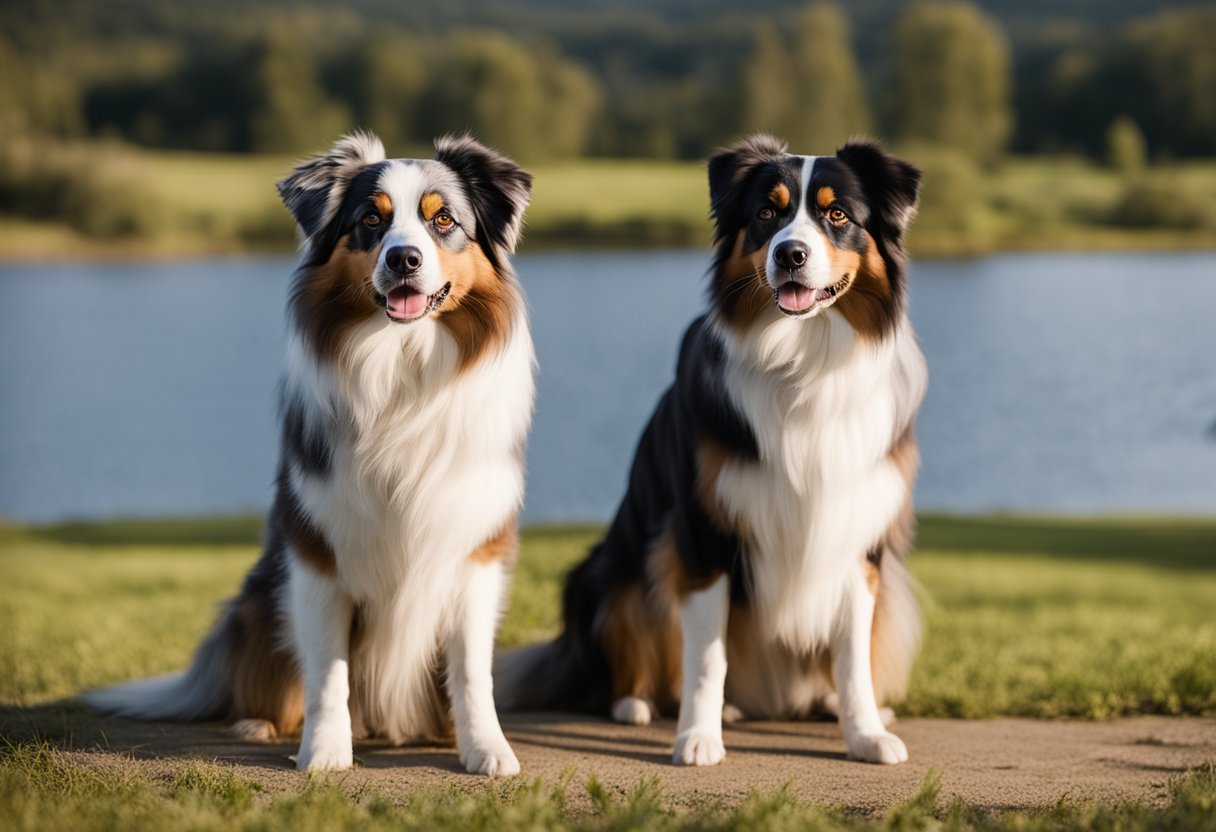 An Australian shepherd male and female stand side by side, exuding strength and vitality. Their vibrant coats and alert expressions convey health and longevity