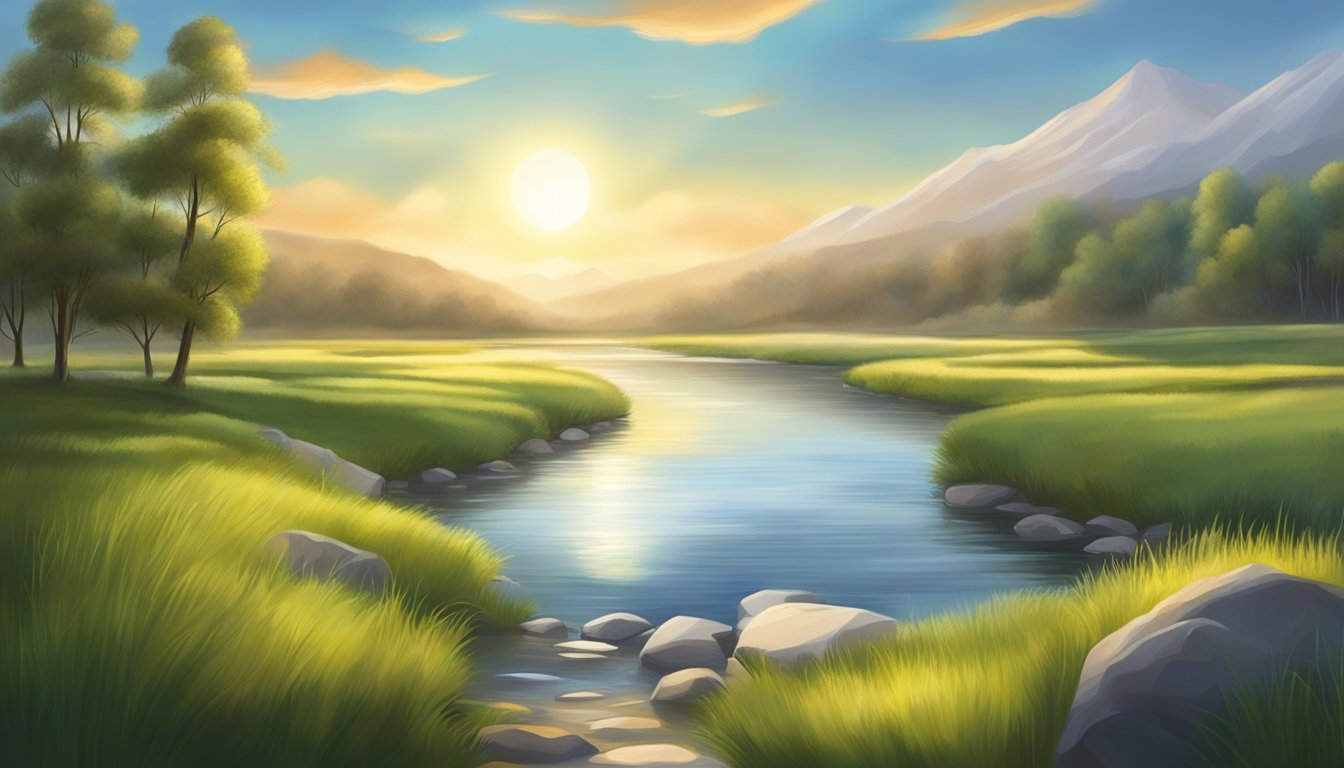 A serene landscape with a glowing sun and a tranquil river, symbolizing spiritual and personal influences
