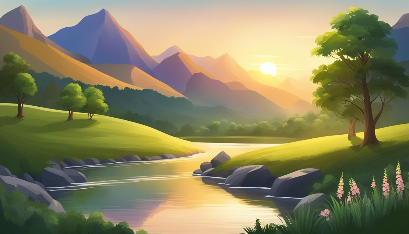 A serene mountain landscape with a winding river and lush greenery.</p><p>The sun is setting, casting a warm glow over the scene