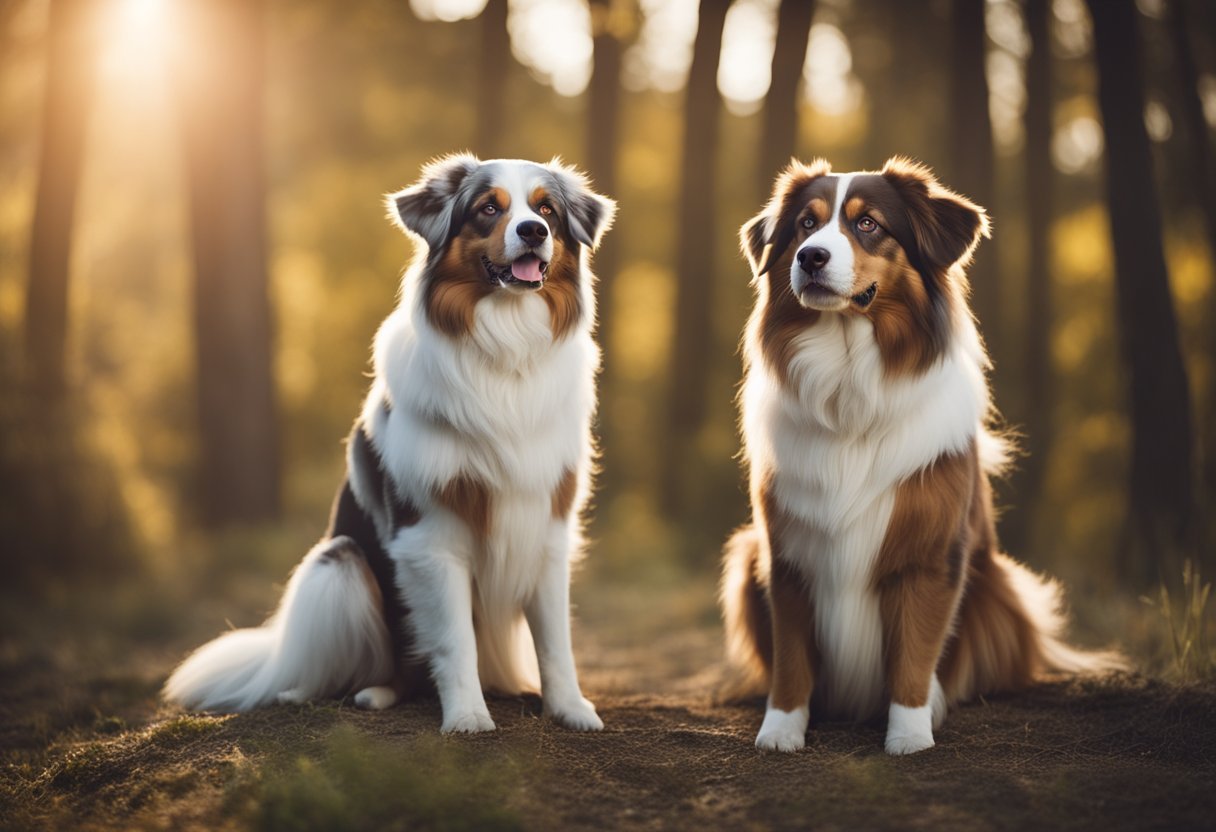 An Australian Shepherd male and female stand side by side, showcasing their distinct physical traits and personalities