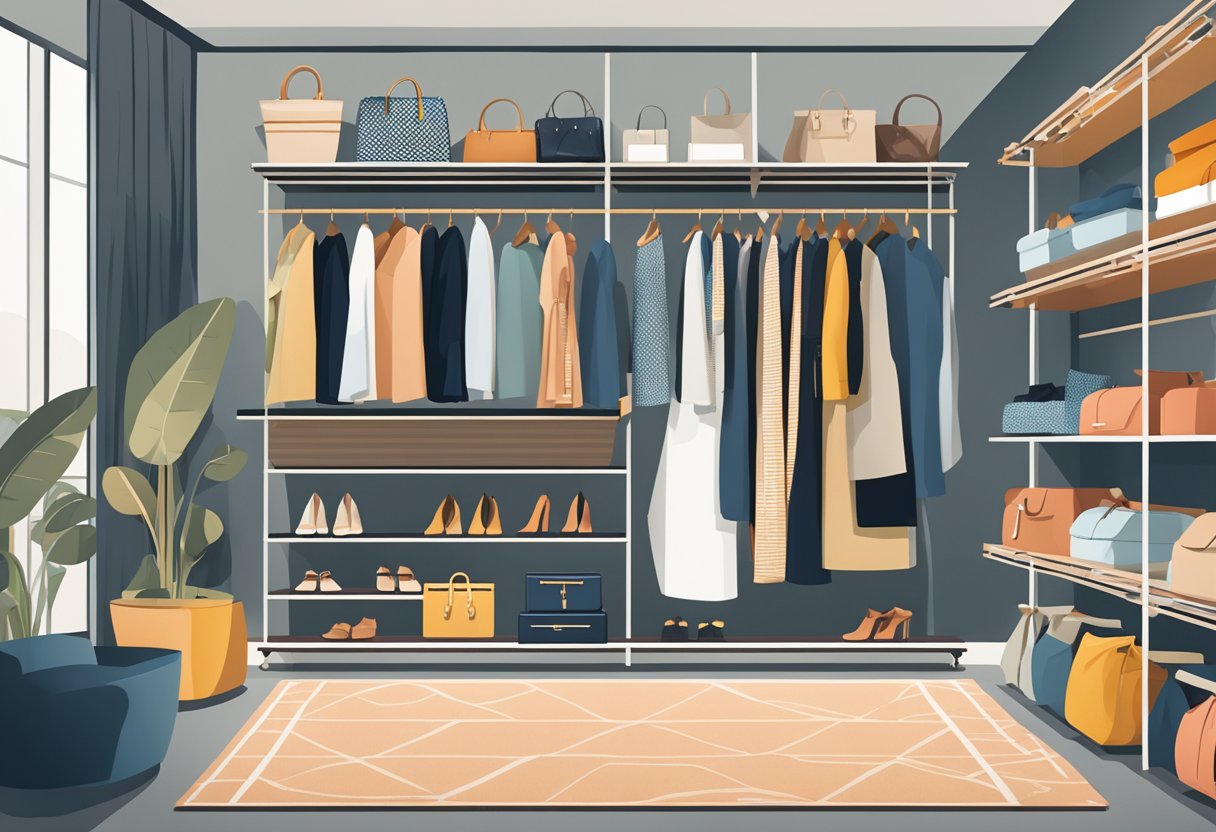 A stylish wardrobe with diverse clothing items, accessories, and shoes neatly organized on racks and shelves in a bright, modern boutique setting
