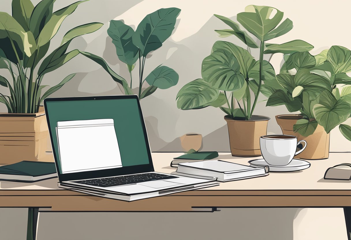 A laptop open on a desk, with a stack of books and a notepad nearby. A cup of coffee sits next to the laptop, and a plant adds a touch of greenery to the scene