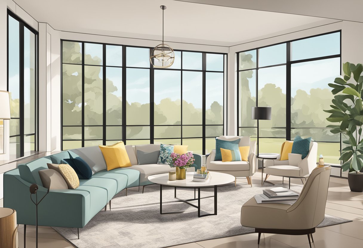 A well-lit living room with modern furniture and neutral decor, accented with pops of color. A vase of fresh flowers sits on the coffee table, and large windows let in natural light