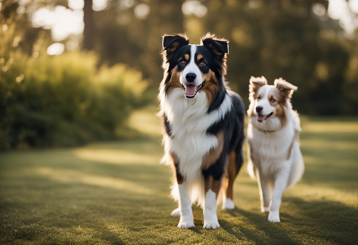 Two Australian shepherds face off, displaying distinct gender traits. The male stands tall and confident, while the female exudes grace and agility