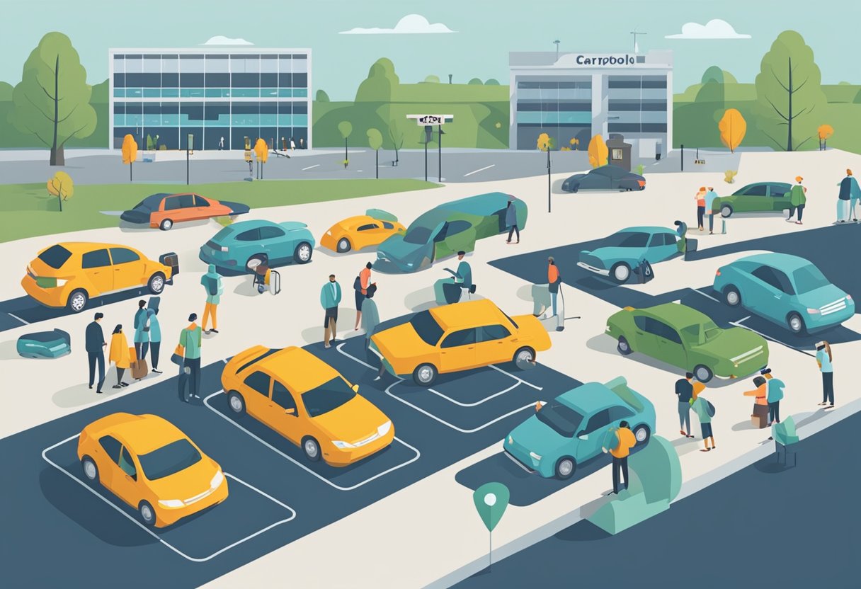 Cars lined up in a parking lot, with people chatting and exchanging contact information. A sign promotes carpooling services, while a map shows potential routes