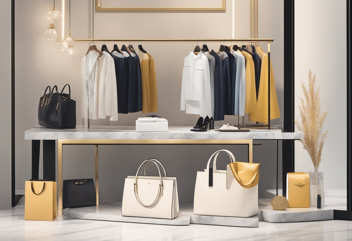 A stylish personal shopping bag sits on a sleek marble counter, surrounded by designer clothing and accessories. A chic boutique setting with warm lighting and modern decor