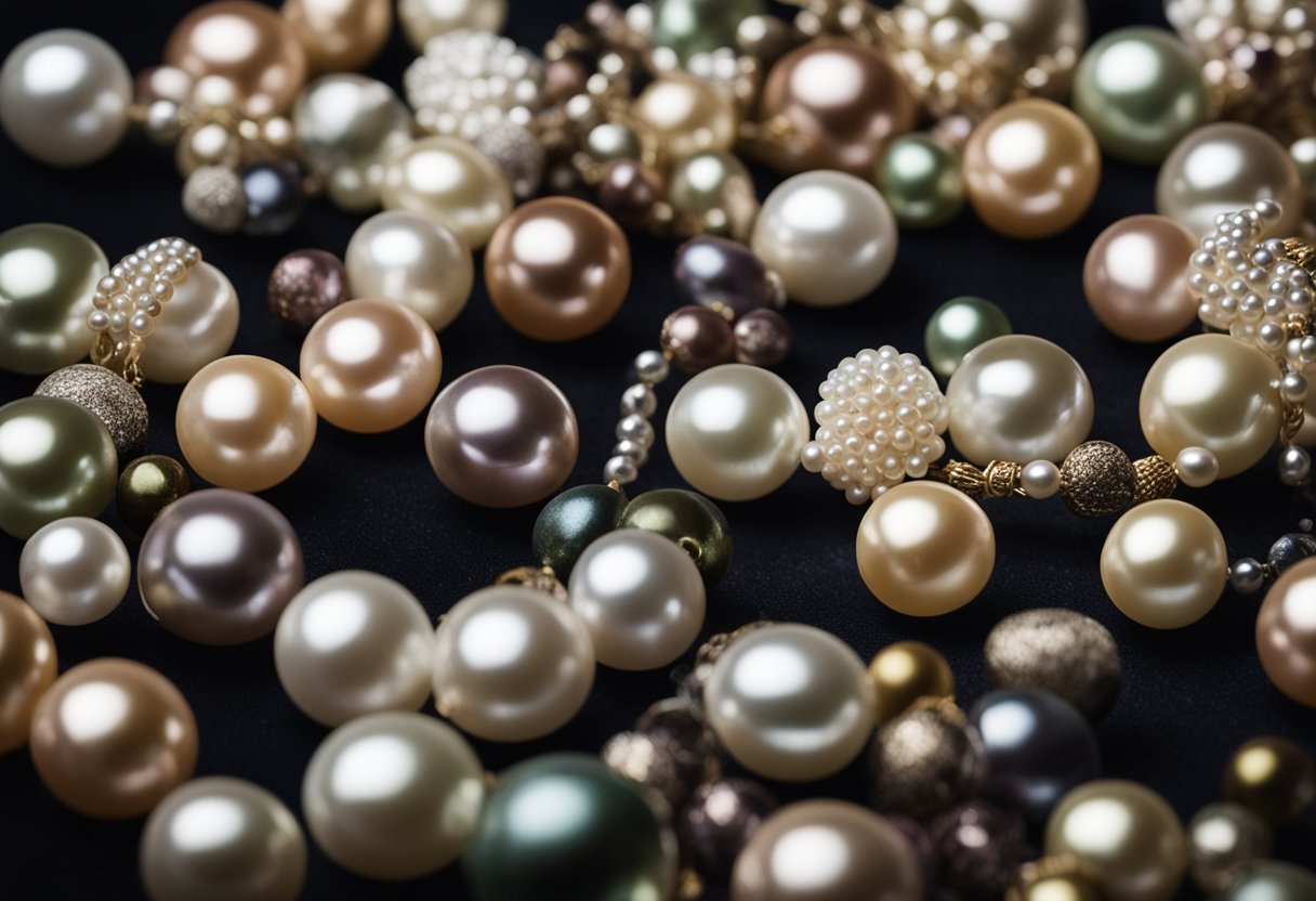 A display of various pearls, including Akoya, Tahitian, and freshwater, arranged on a velvet backdrop with labels indicating their type and origin