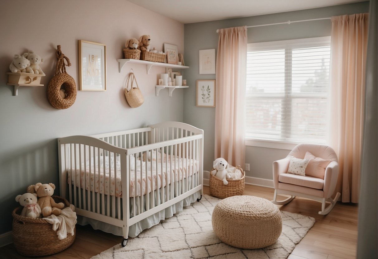 A cozy nursery with pastel colors, a crib with soft bedding, a rocking chair, and shelves filled with baby essentials. A mobile hangs above the crib, and a cute rug covers the floor