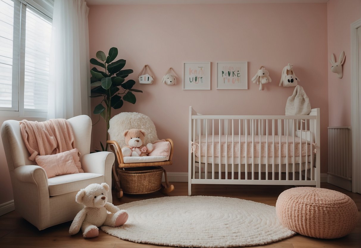 A cozy nursery with pastel walls, a white crib, and soft plush toys scattered around. A rocking chair sits in the corner, next to a bookshelf filled with children's books