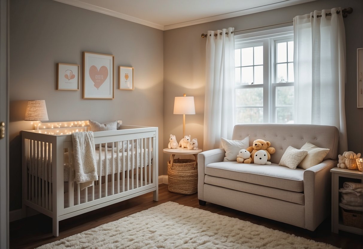 A cozy nursery with a crib, changing table, and soft lighting. Safety items like outlet covers and corner guards are installed throughout the room