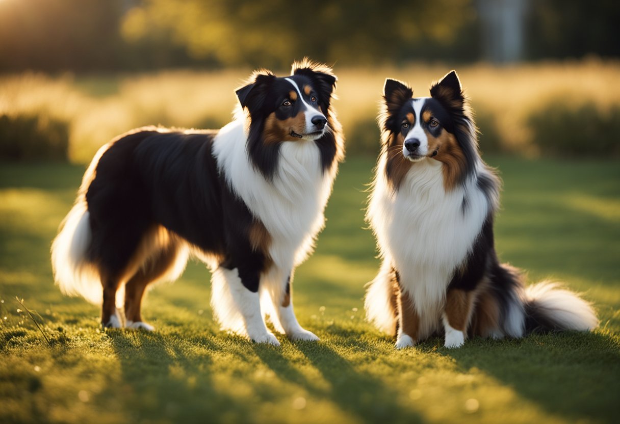 An Australian Shepherd and a Shetland Sheepdog stand side by side, their vibrant coats shining in the sunlight. The two dogs exude energy and vitality, showcasing their health and potential for a long lifespan
