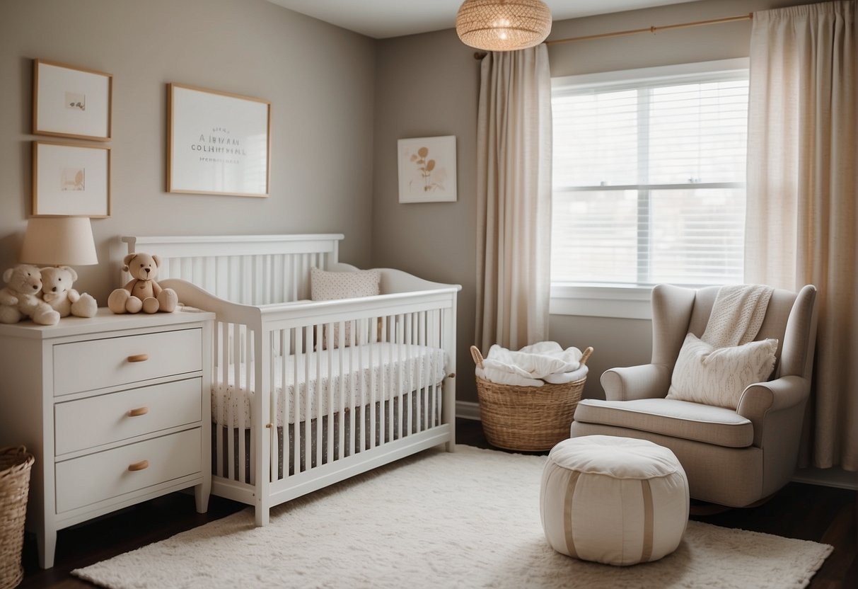 A cozy baby nursery with a neutral color palette, a comfortable rocking chair, a changing table with storage, and a crib with soft bedding