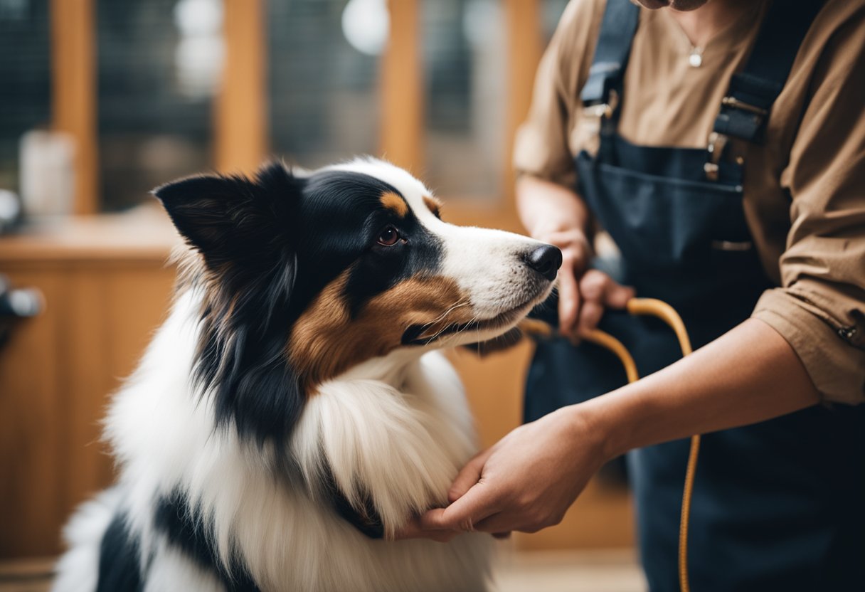 An Australian shepherd and a Shetland sheepdog being groomed and cared for by a professional handler