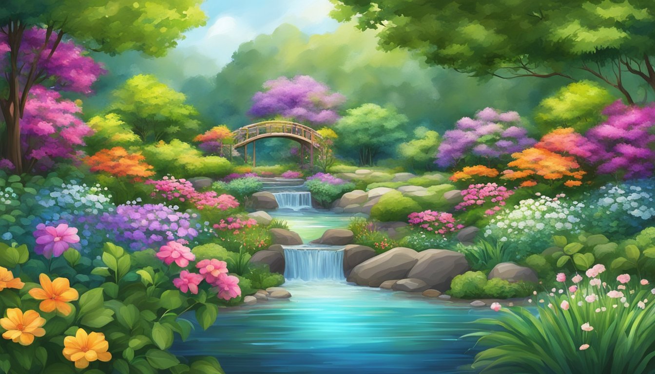A vibrant garden with blooming flowers and lush greenery, surrounded by flowing water and a serene atmosphere
