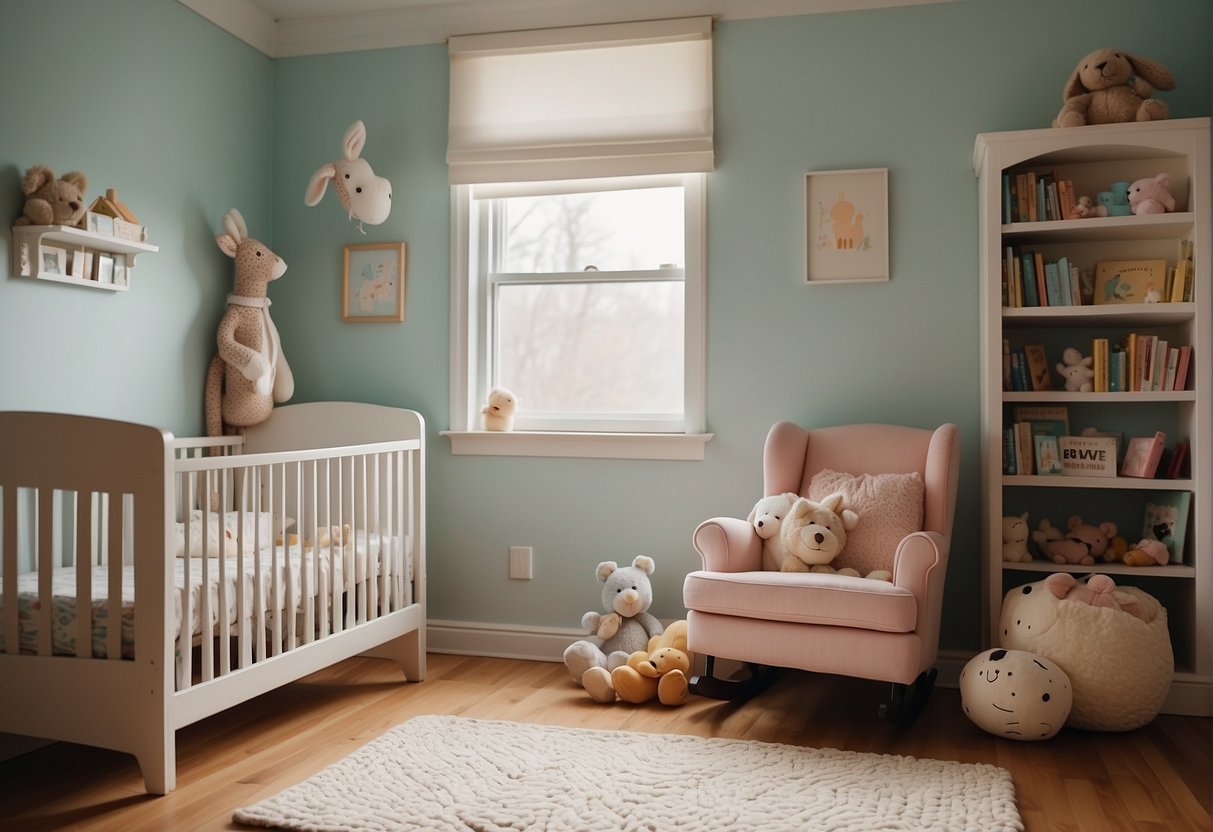A cozy nursery with pastel walls, a white crib, and soft, plush toys scattered around. A rocking chair sits in the corner next to a small bookshelf filled with children's books