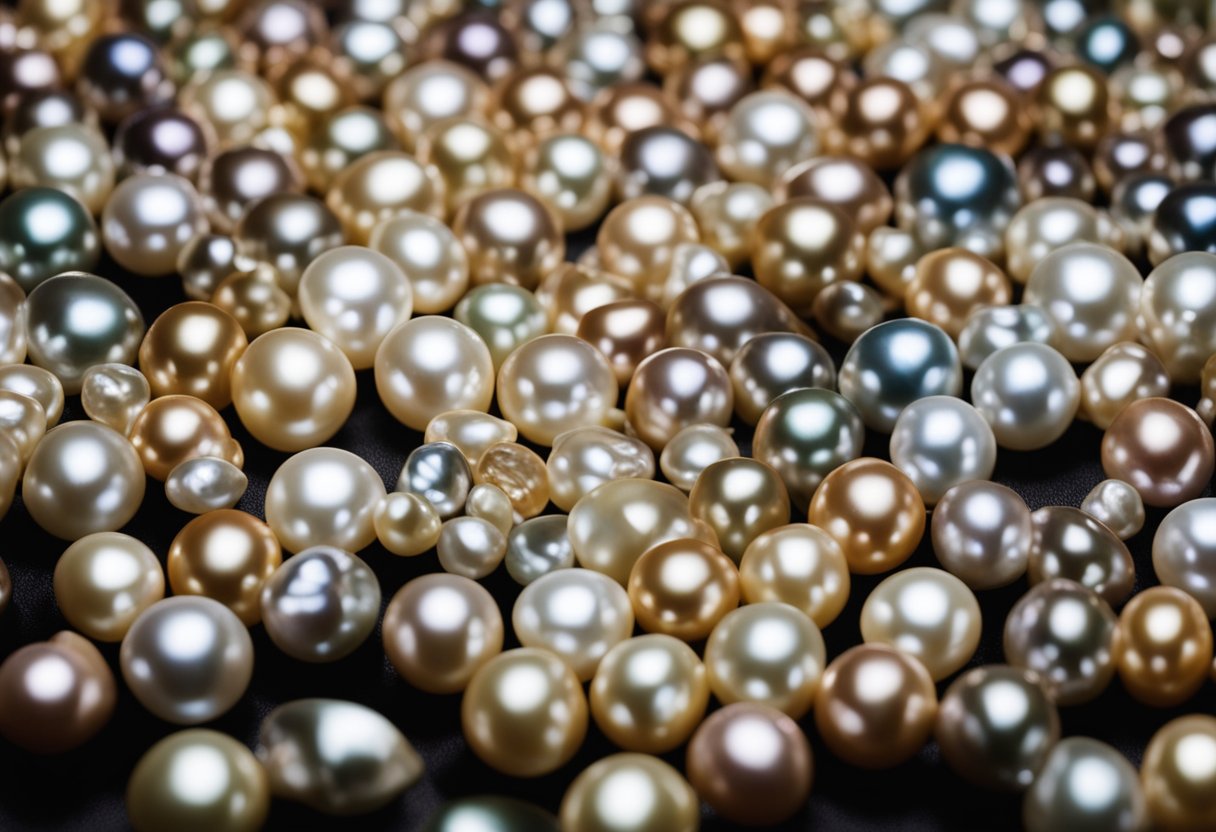 A variety of pearls arranged in a display, including freshwater, Akoya, Tahitian, and South Sea pearls, with labels indicating their unique characteristics